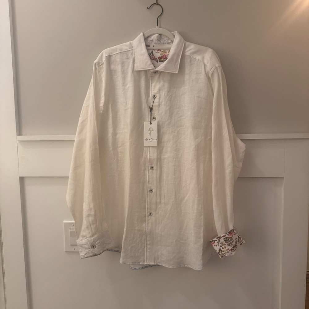 Robert Graham Kinship White Linen  Shirt with Contrast Cuffs